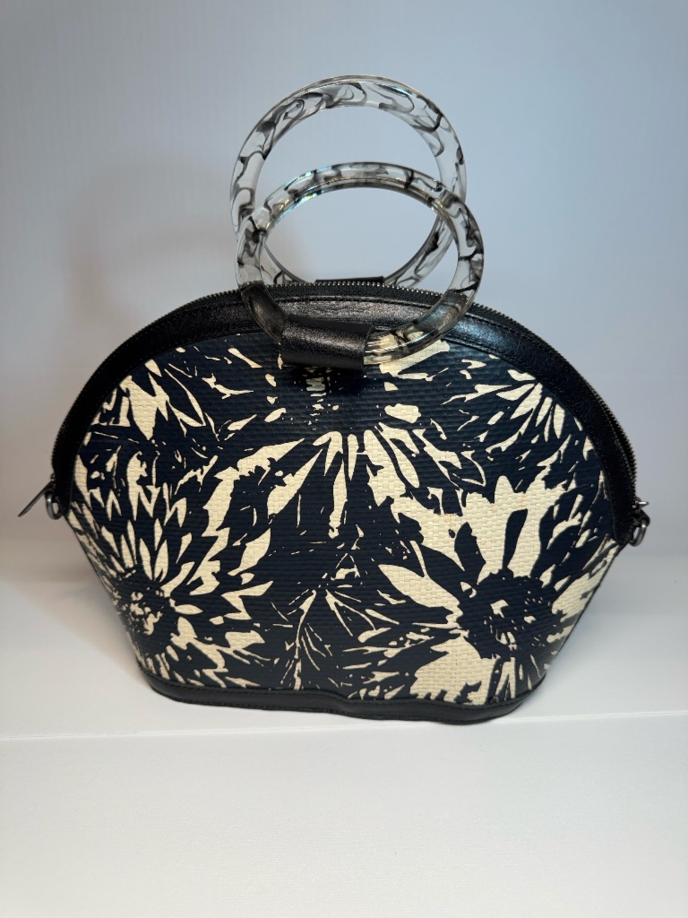 Patricia Nash Black Ivory Sunflower Floral Bag Lucite Ring Handle Satchel